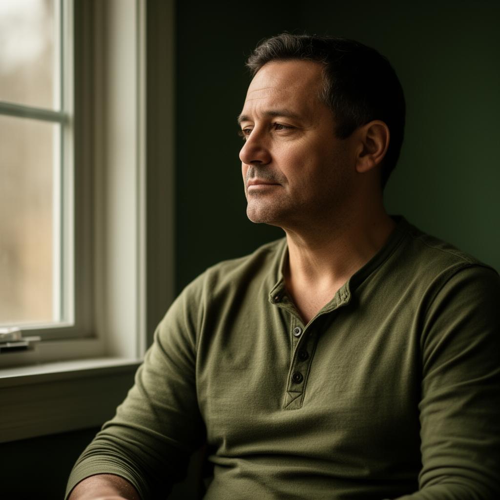 A veteran sitting calmly by a window in natural light