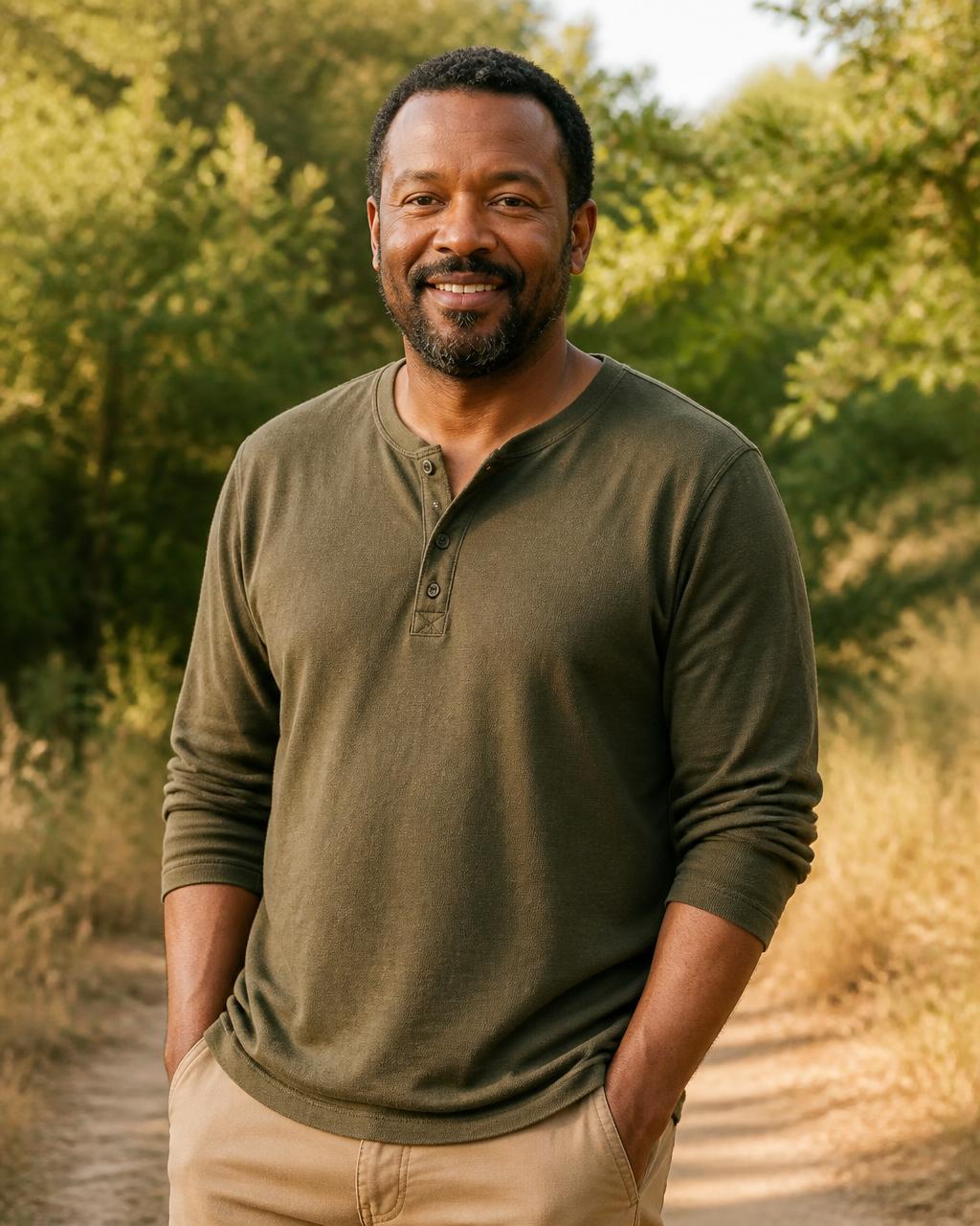 A veteran standing outdoors in warm afternoon light, smiling, relaxed and grounded after therapy